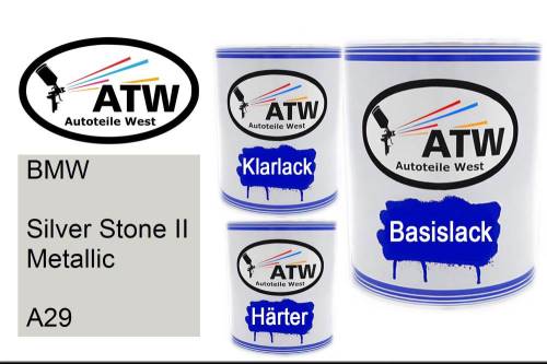 BMW, Silver Stone II Metallic, A29: 1L Lackdose + 1L Klarlack + 500ml Härter - Set, von ATW Autoteile West.